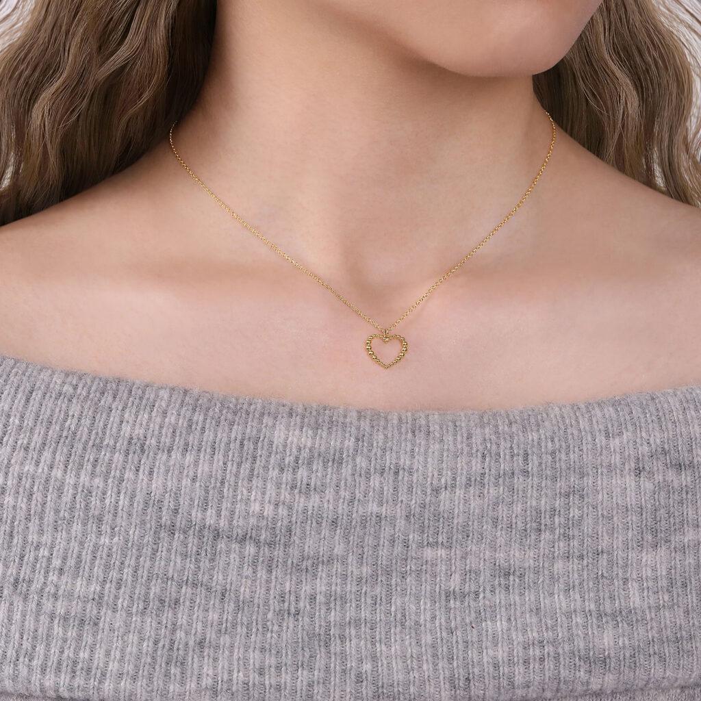 14K Gold Beaded Heart Necklace